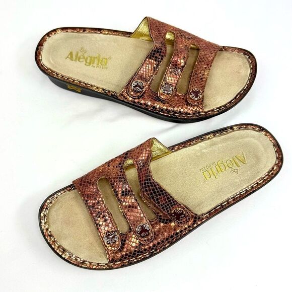 Alegria FIONA Copper Snakeskin Wedge Triple Strap Slide Support Sandals - Picture 6 of 16